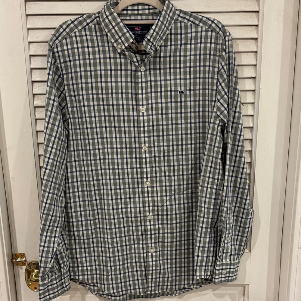 Vineyard Vines Men's Green, Blue and White Whale Checkered Shirt